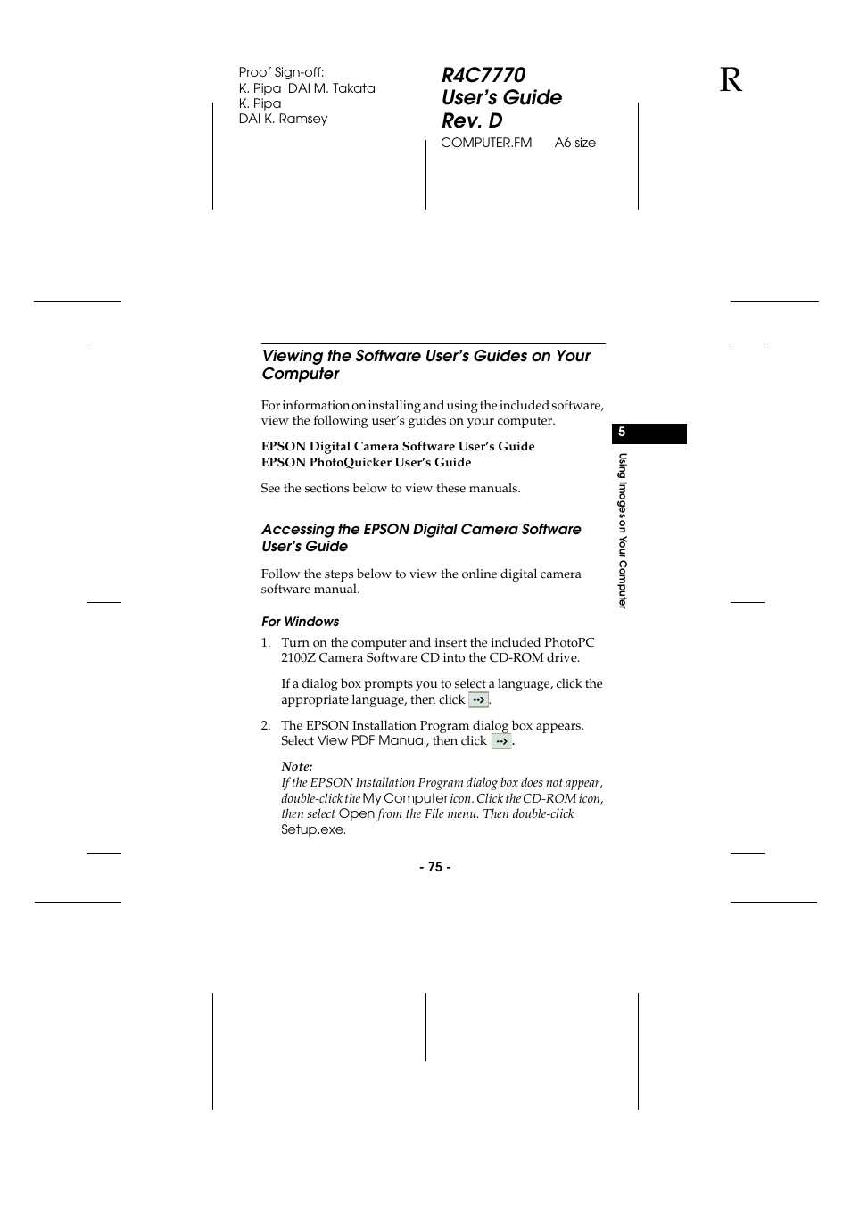 For windows, Viewing the software user’s guides, On your computer | Accessing the epson digital camera, Software user’s guide | Epson 2100Z User Manual | Page 87 / 156