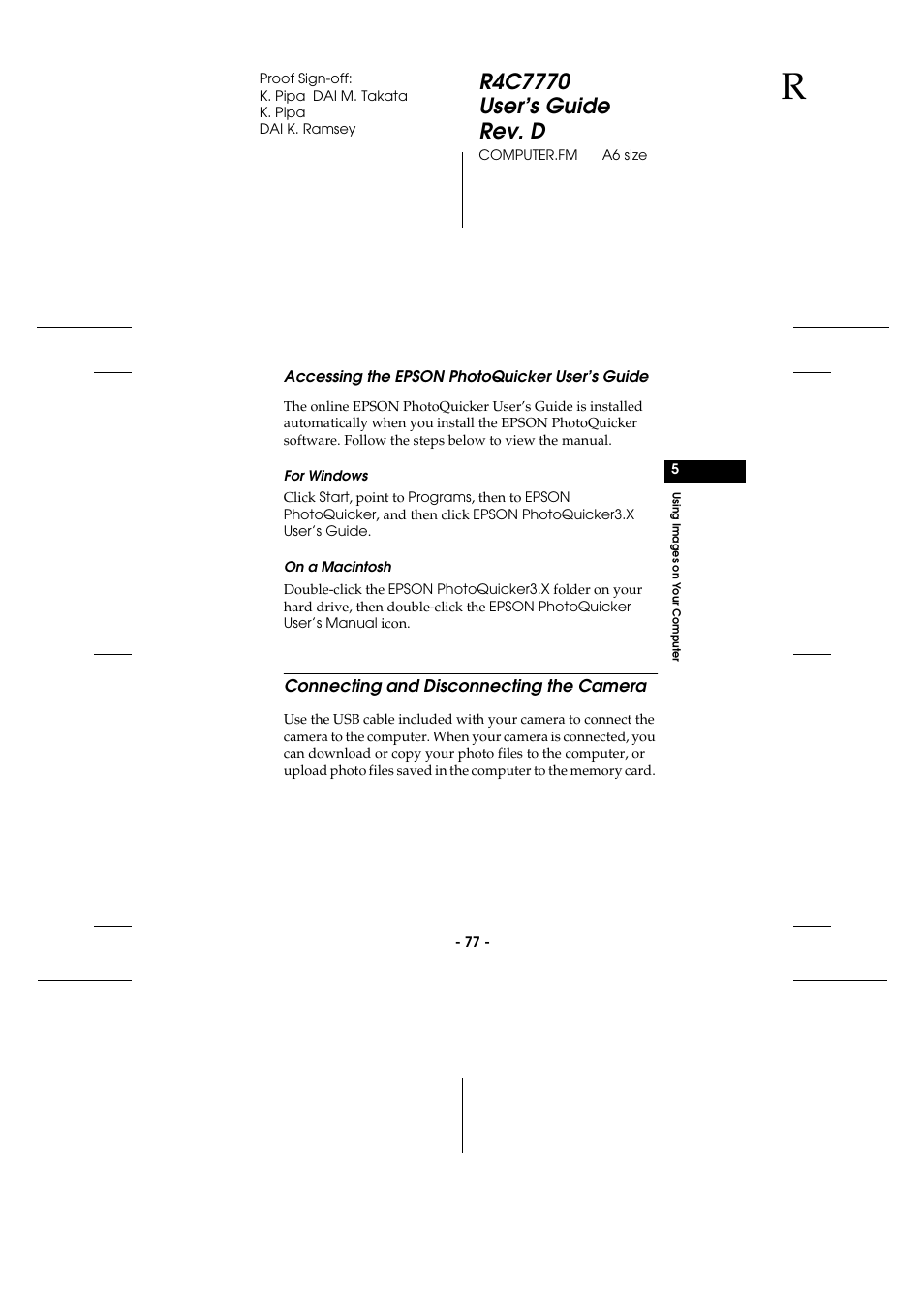 Accessing the epson photoquicker user’s guide, For windows, On a macintosh | Connecting and disconnecting the camera, Accessing the epson photoquicker, User’s guide | Epson 2100Z User Manual | Page 89 / 156