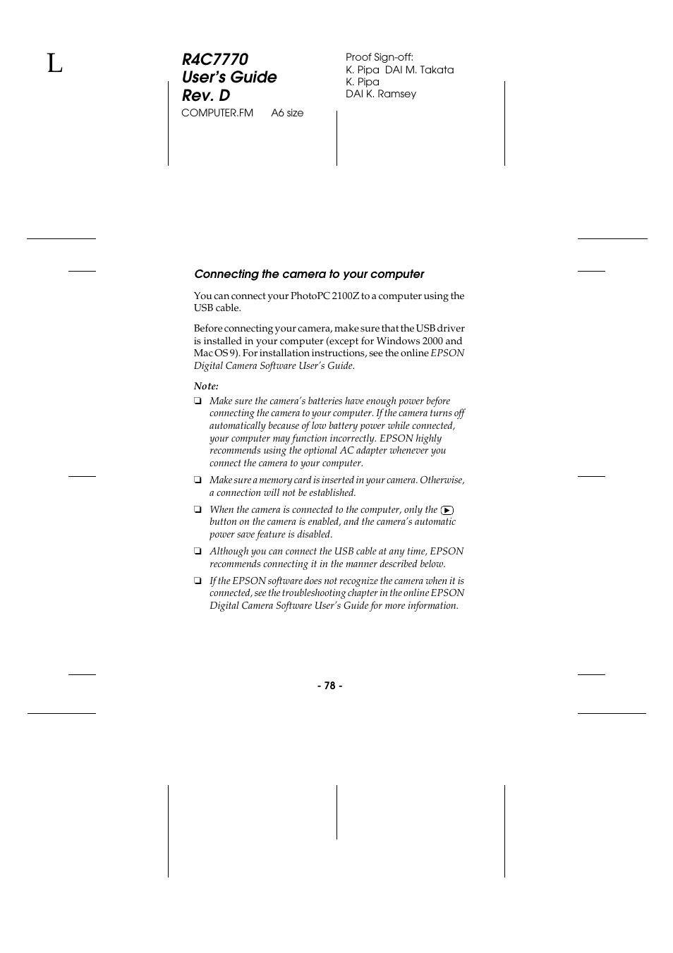 Connecting the camera to your computer | Epson 2100Z User Manual | Page 90 / 156