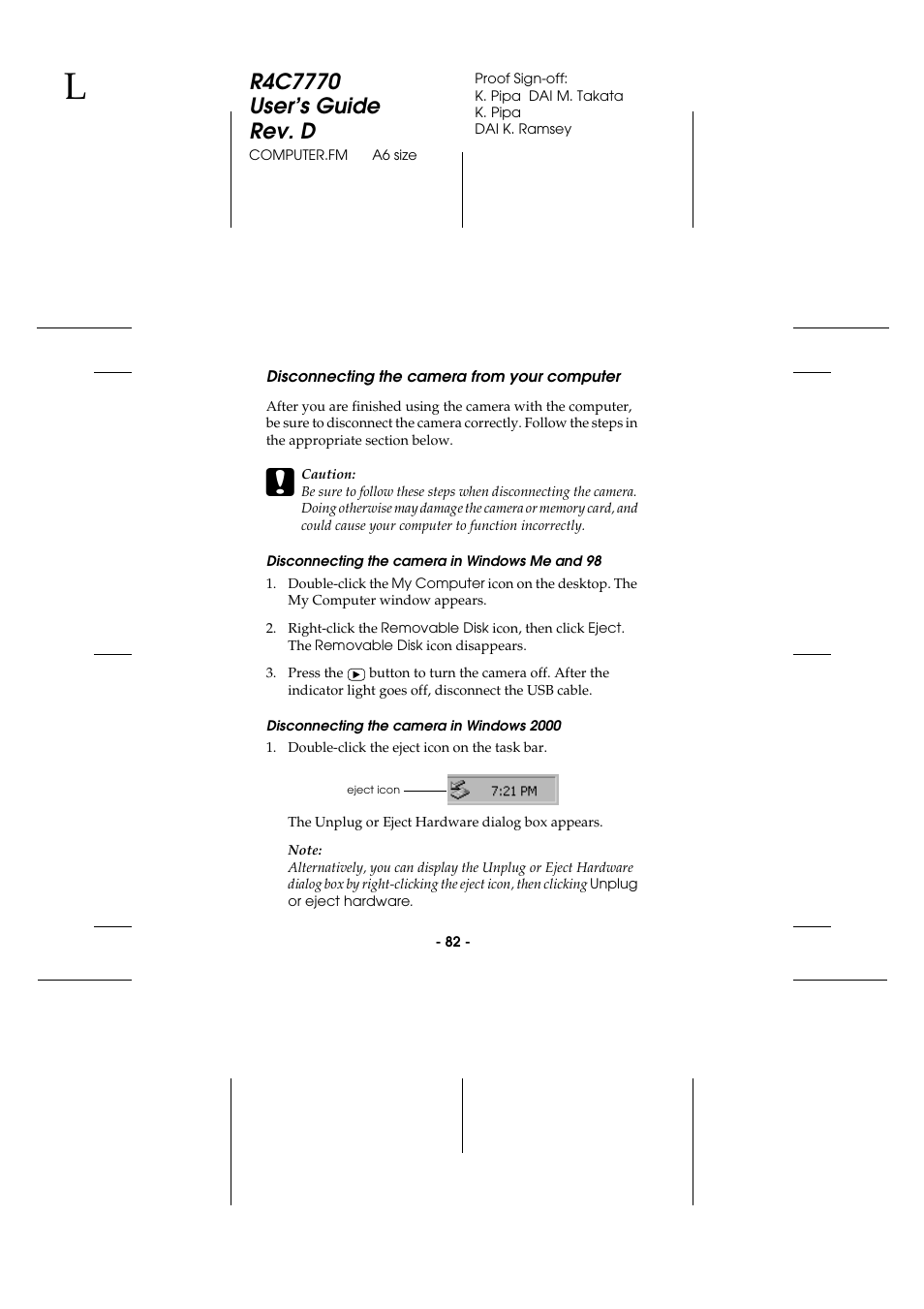 Disconnecting the camera from your computer, Disconnecting the camera in windows me and 98, Disconnecting the camera in windows 2000 | Disconnecting the camera, From your computer, Camera problems picture problems | Epson 2100Z User Manual | Page 94 / 156
