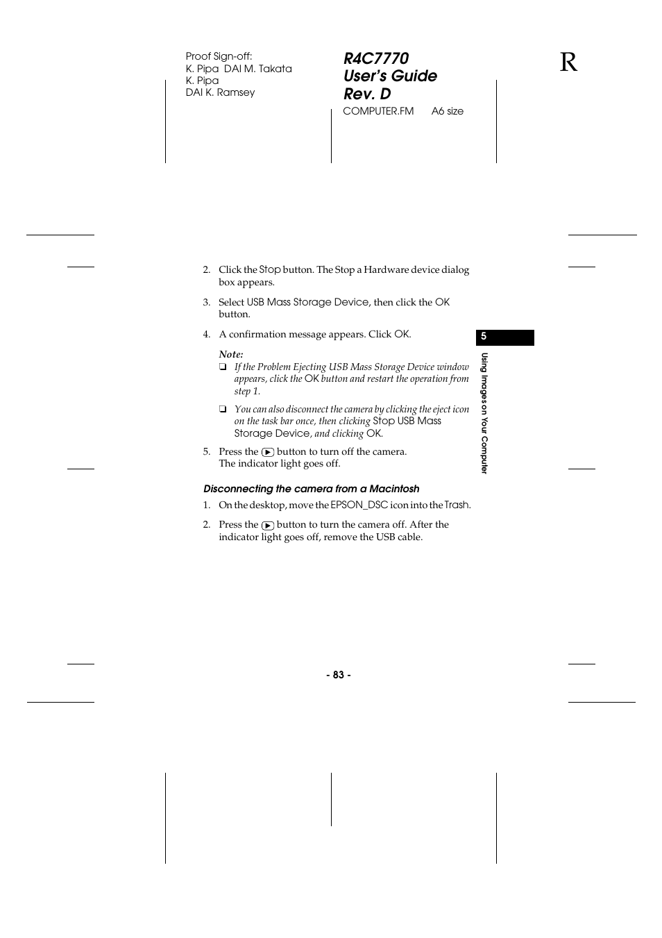 Disconnecting the camera from a macintosh | Epson 2100Z User Manual | Page 95 / 156