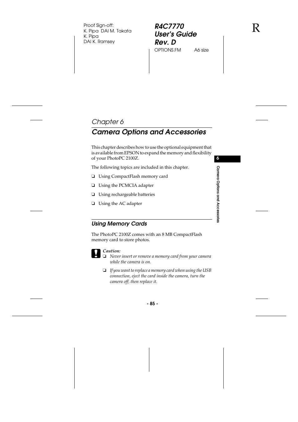 Camera options and accessories, Using memory cards, Chapter 6 | Epson 2100Z User Manual | Page 97 / 156