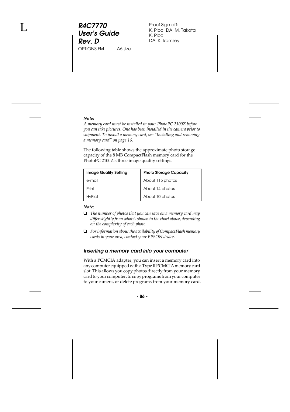 Inserting a memory card into your computer, Inserting a memory card into, Your computer | Epson 2100Z User Manual | Page 98 / 156