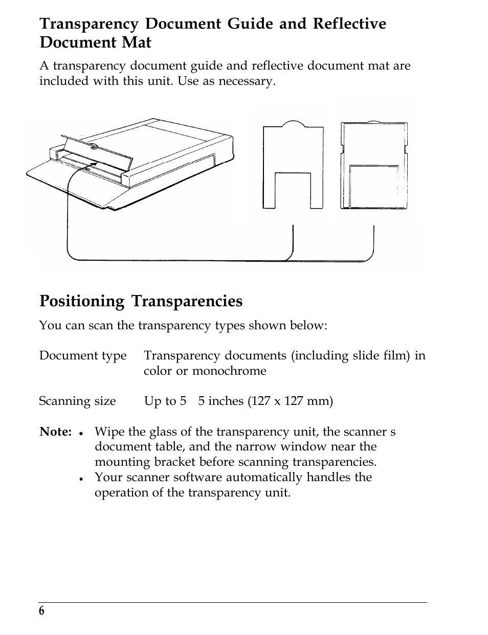 Positioning transparencies, Document mat, Transparency document guide and reflective | Epson B813021 User Manual | Page 6 / 8