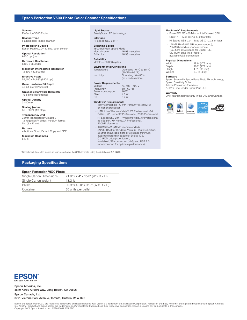 Specifications, Packaging specifications | Epson Perfection V500 User Manual | Page 2 / 2