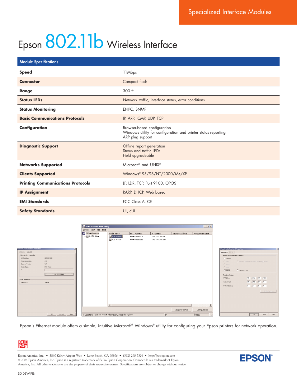 Epson, Wireless interface, Specialized interface modules | Epson Connect-It SD-DSWIFIB User Manual | Page 2 / 2