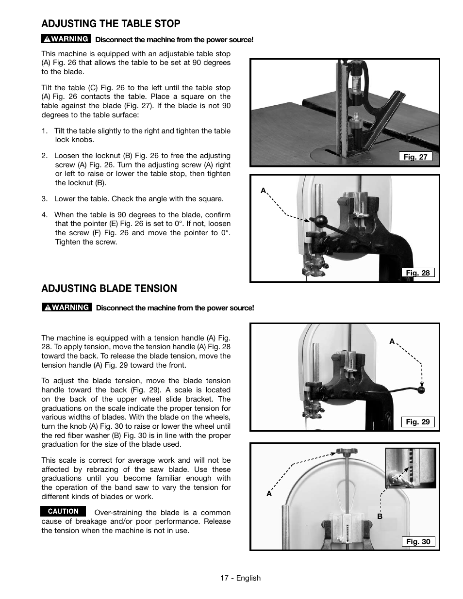 Adjusting the table stop, Adjusting blade tension | Epson DELTA 28-276 User Manual | Page 17 / 76