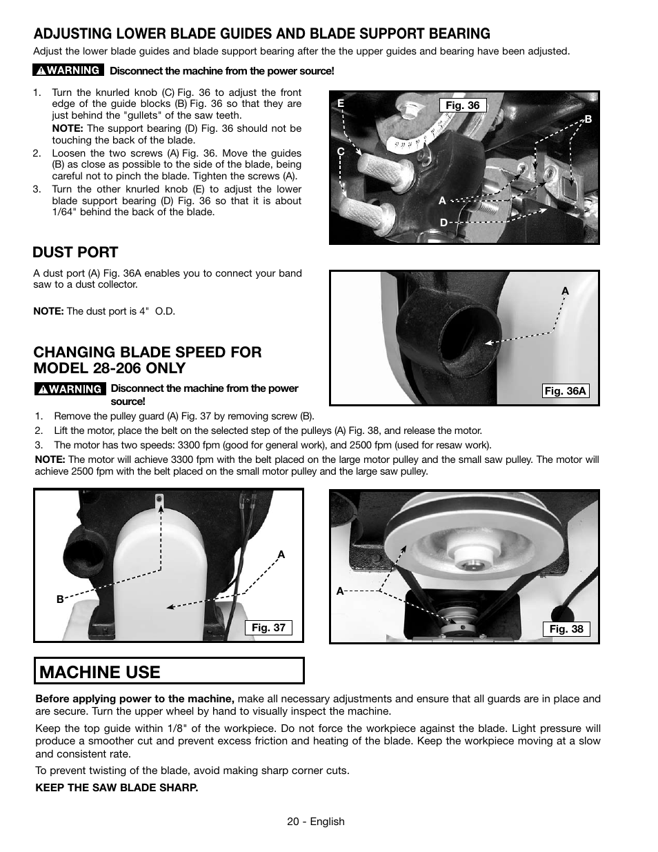 Machine use, Dust port | Epson DELTA 28-276 User Manual | Page 20 / 76