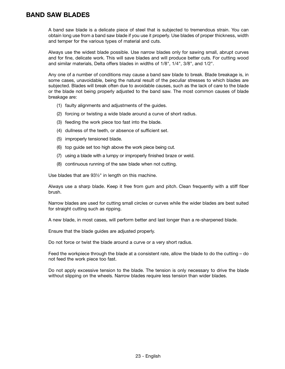 Band saw blades | Epson DELTA 28-276 User Manual | Page 23 / 76