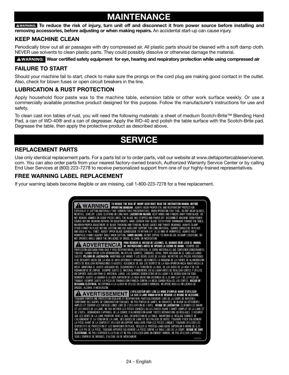 Maintenance, Service, Replacement parts | Free warning label replacement, Keep machine clean, Failure to start, Lubrication & rust protection | Epson DELTA 28-276 User Manual | Page 24 / 76