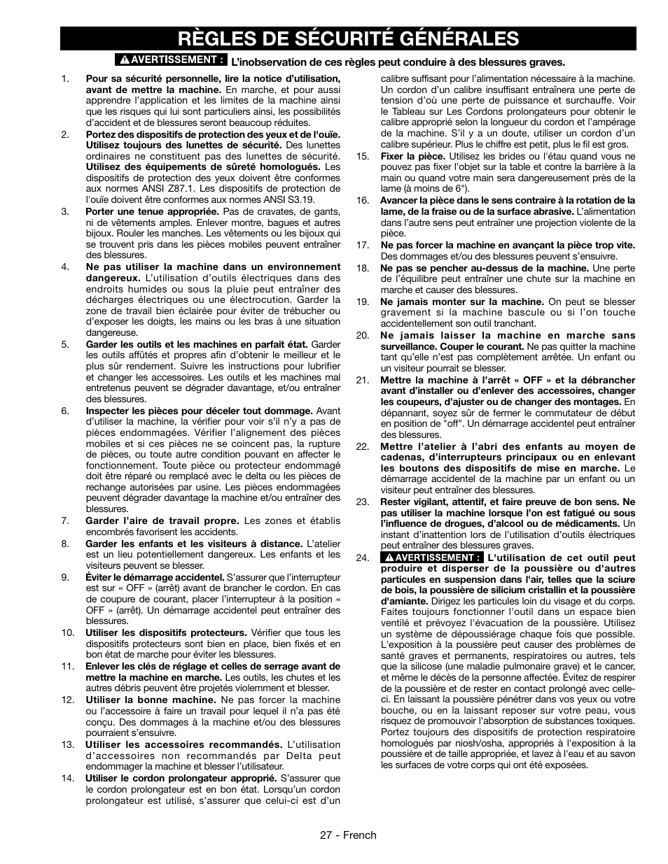Règles de sécurité générales | Epson DELTA 28-276 User Manual | Page 27 / 76