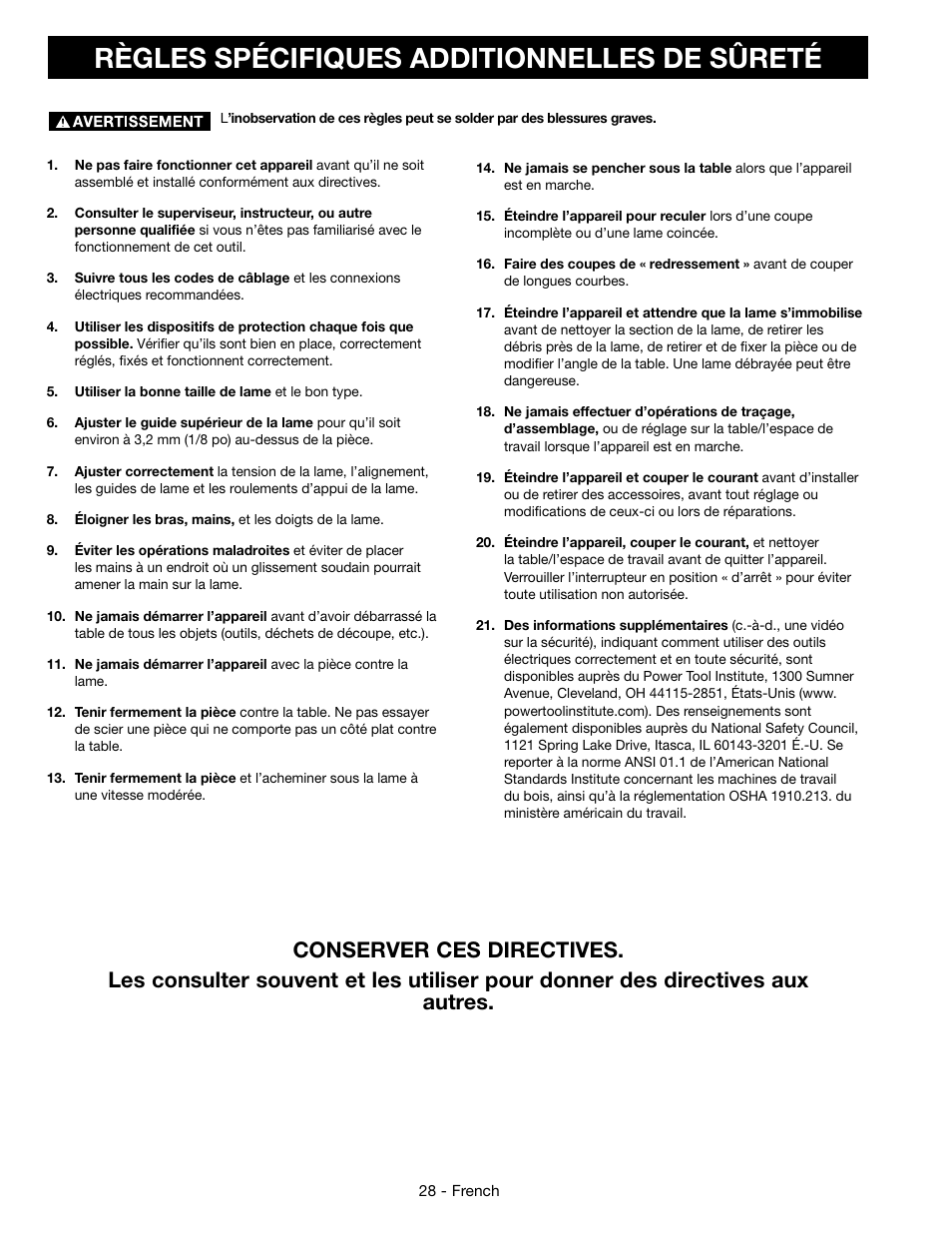 Règles spécifiques additionnelles de sûreté | Epson DELTA 28-276 User Manual | Page 28 / 76