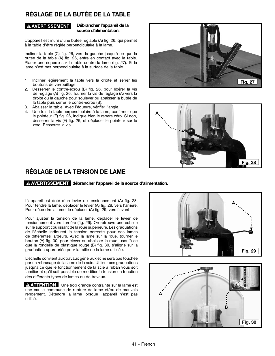 Réglage de la butée de la table, Réglage de la tension de lame | Epson DELTA 28-276 User Manual | Page 41 / 76