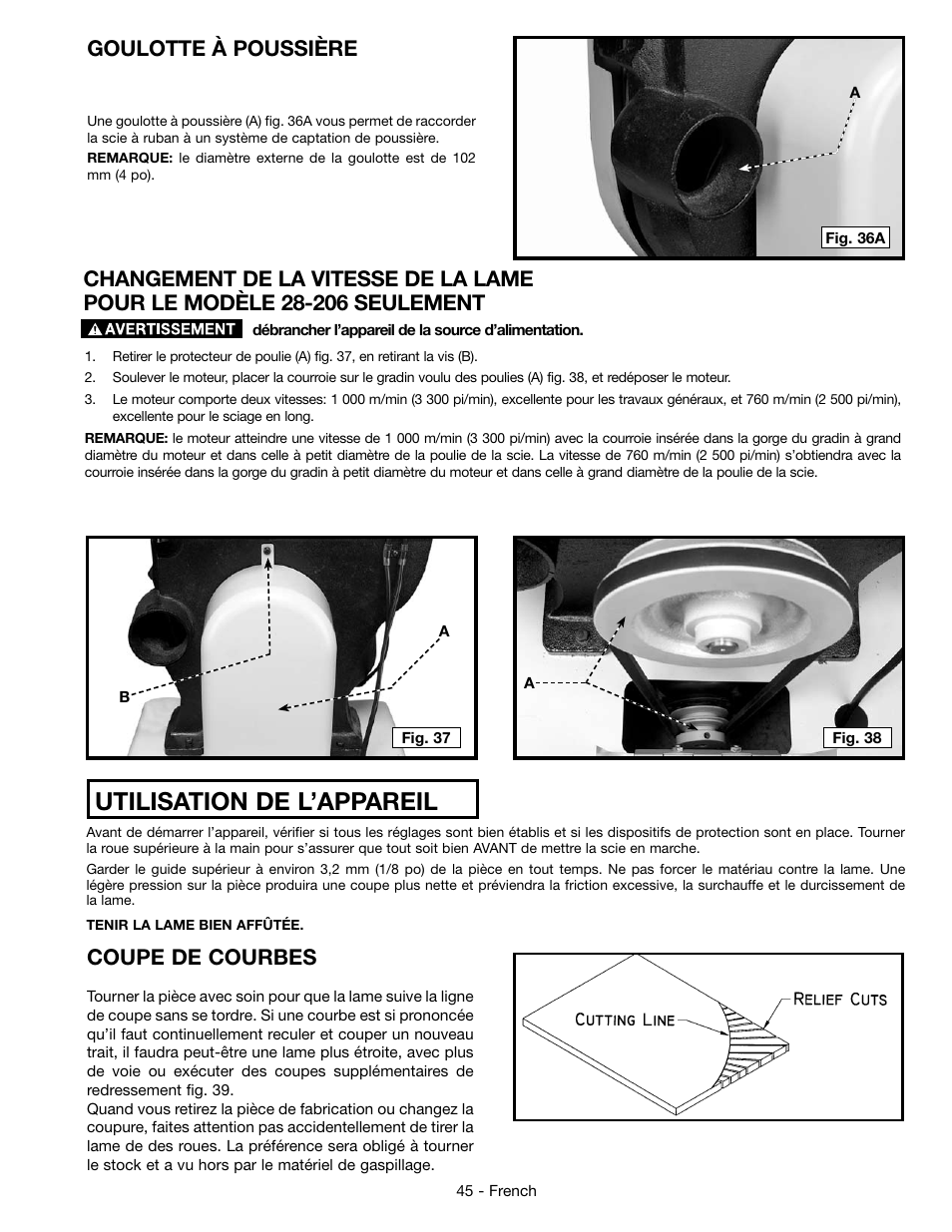 Utilisation de l’appareil, Goulotte à poussière, Coupe de courbes | Epson DELTA 28-276 User Manual | Page 45 / 76