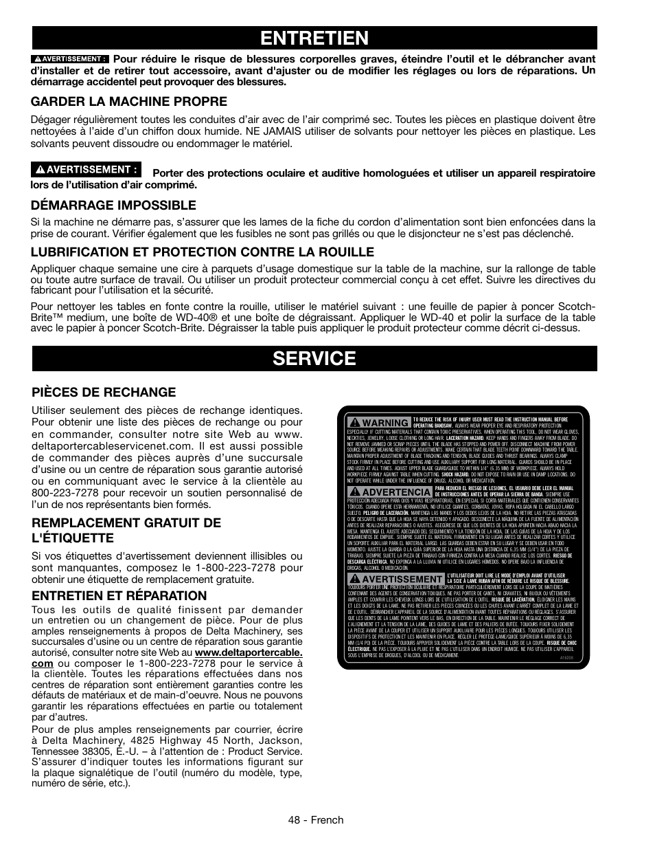 Service, Entretien, Pièces de rechange | Remplacement gratuit de l'étiquette, Entretien et réparation, Garder la machine propre, Démarrage impossible, Lubrification et protection contre la rouille | Epson DELTA 28-276 User Manual | Page 48 / 76