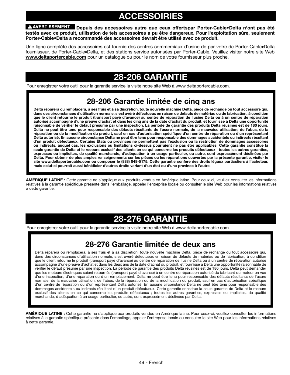 276 garantie, 206 garantie limitée de cinq ans, 276 garantie limitée de deux ans | Epson DELTA 28-276 User Manual | Page 49 / 76