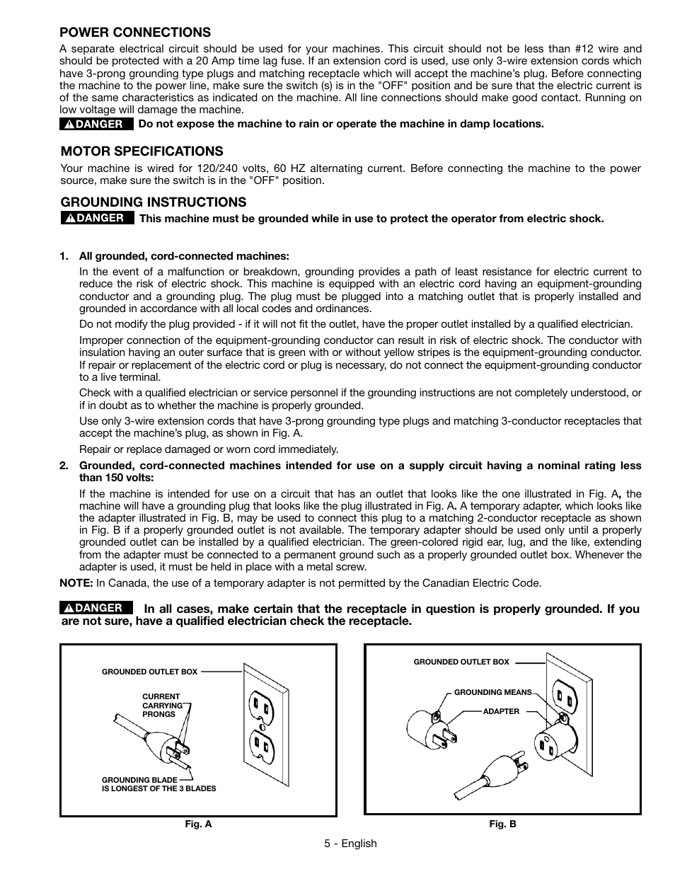 Power connections, Motor specifications, Grounding instructions | Epson DELTA 28-276 User Manual | Page 5 / 76