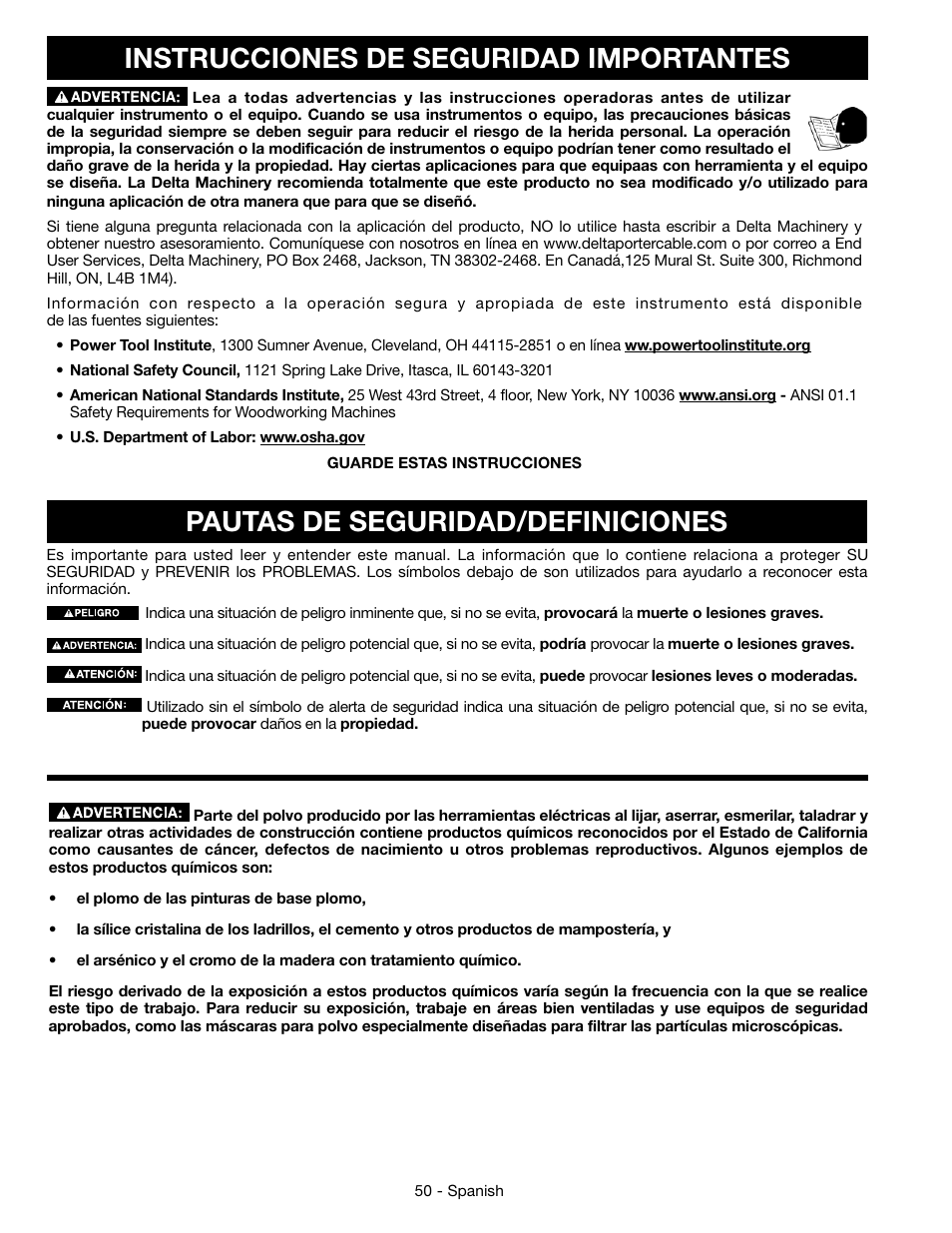 Instrucciones de seguridad importantes, Pautas de seguridad/definiciones | Epson DELTA 28-276 User Manual | Page 50 / 76