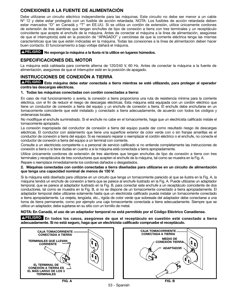 Conexiones a la fuente de alimentación, Especificaciones del motor, Instrucciones de conexión a tierra | Epson DELTA 28-276 User Manual | Page 53 / 76