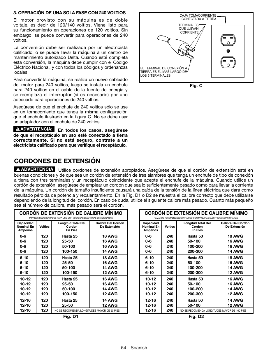 Cordones de extensión, Cordón de extensión de calibre mínimo | Epson DELTA 28-276 User Manual | Page 54 / 76