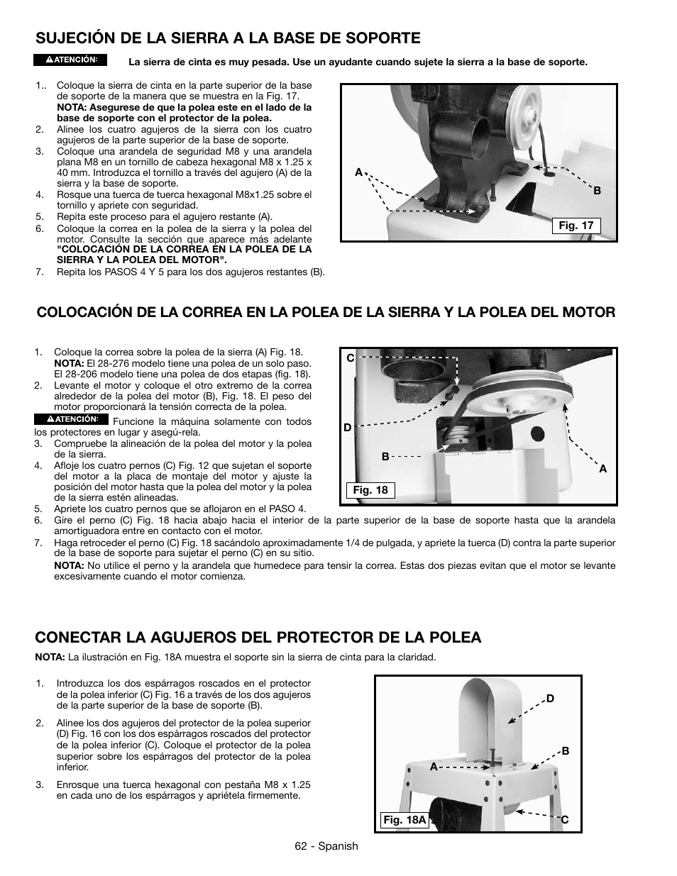 Sujeción de la sierra a la base de soporte, Conectar la agujeros del protector de la polea | Epson DELTA 28-276 User Manual | Page 62 / 76