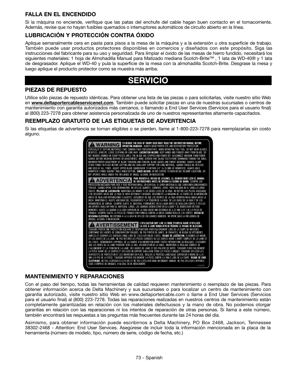Servicio, Falla en el encendido, Lubricación y protección contra óxido | Piezas de repuesto, Reemplazo gratuito de las etiquetas de advertencia, Mantenimiento y reparaciones, 73 - spanish | Epson DELTA 28-276 User Manual | Page 73 / 76