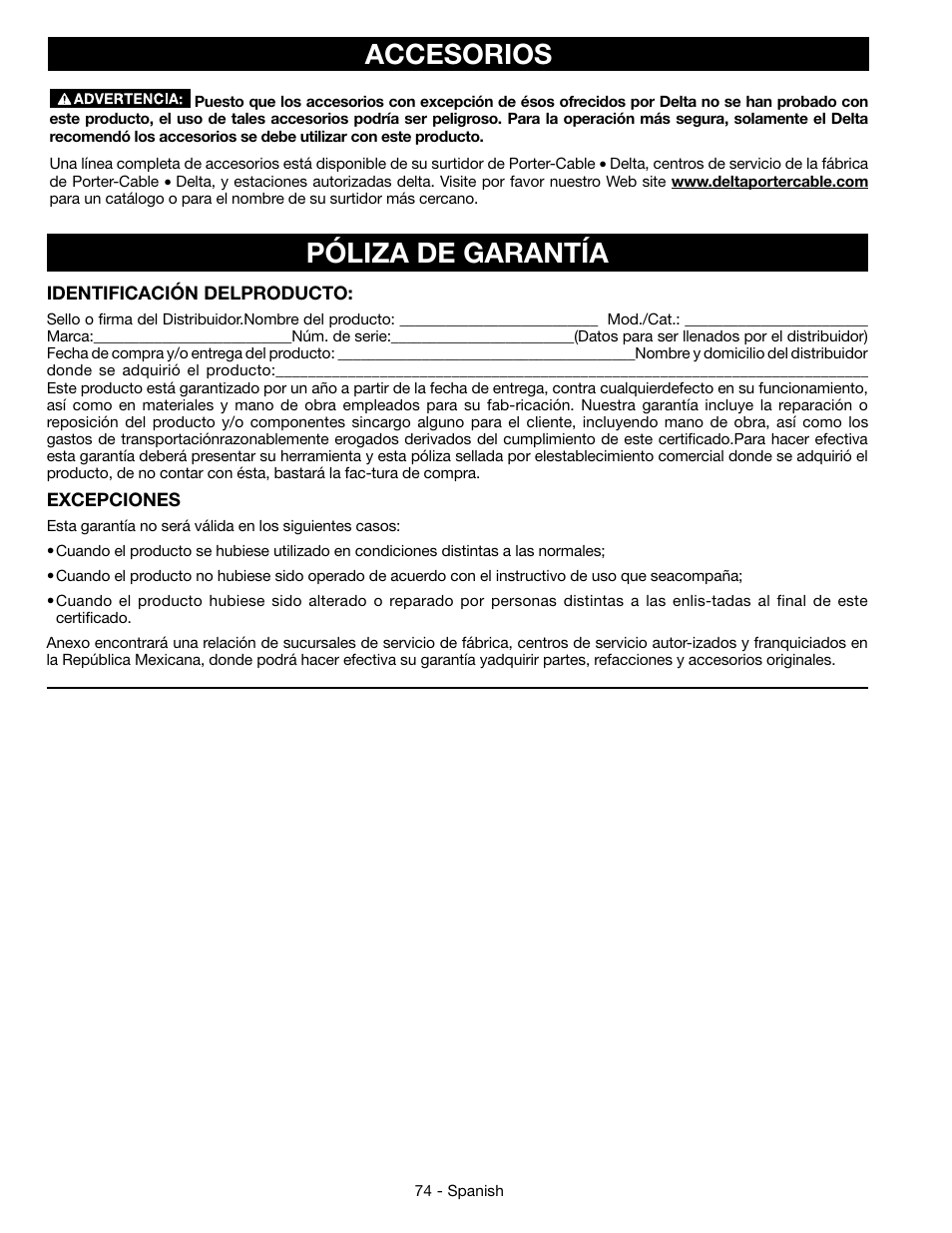 Accesorios, Póliza de garantía | Epson DELTA 28-276 User Manual | Page 74 / 76