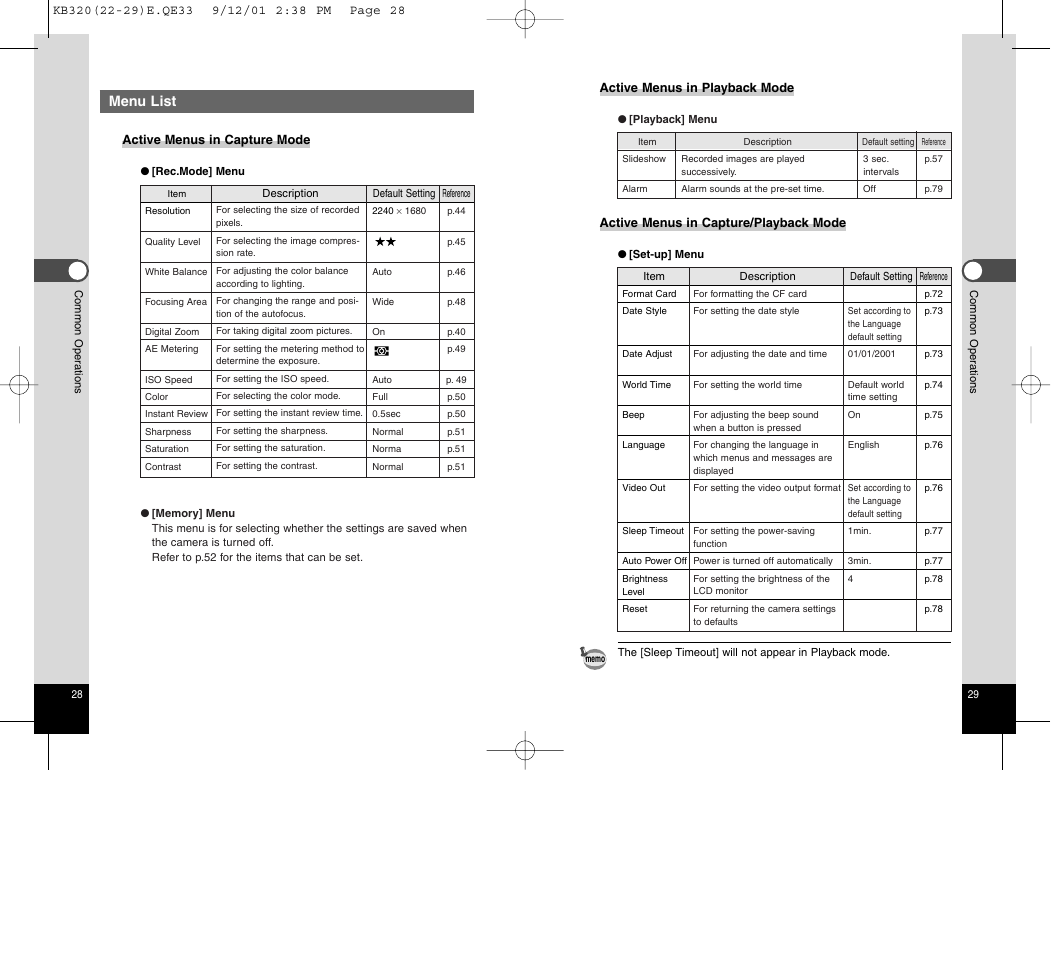 Menu list | Epson Optio 430 User Manual | Page 16 / 51