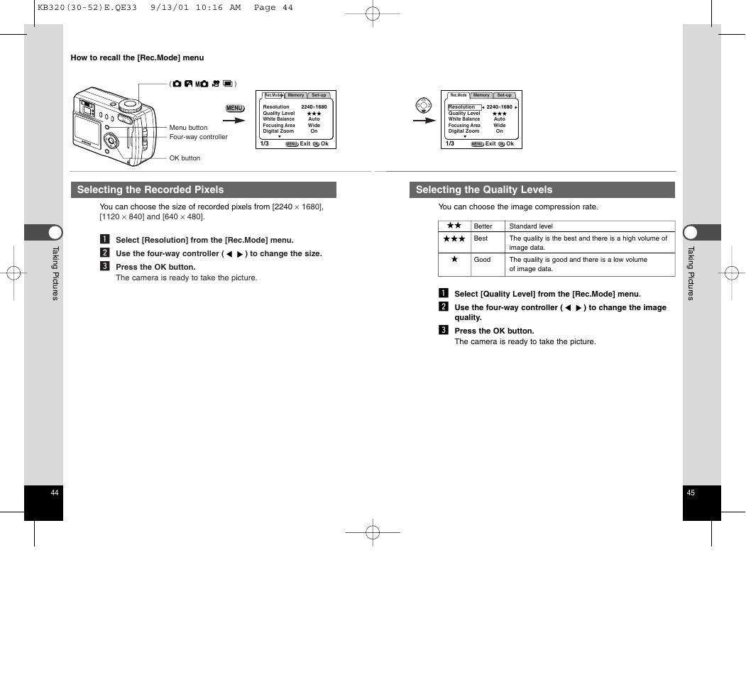Selecting the quality levels, Selecting the recorded pixels | Epson Optio 430 User Manual | Page 24 / 51
