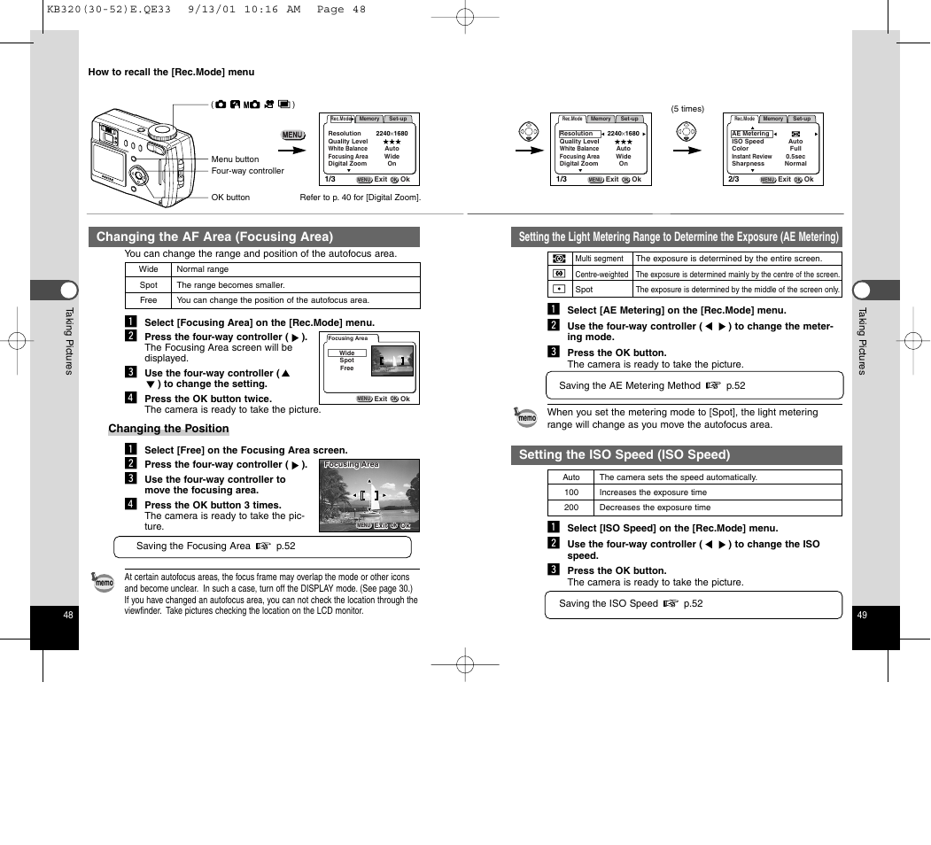 Setting the iso speed (iso speed), Changing the af area (focusing area) | Epson Optio 430 User Manual | Page 26 / 51