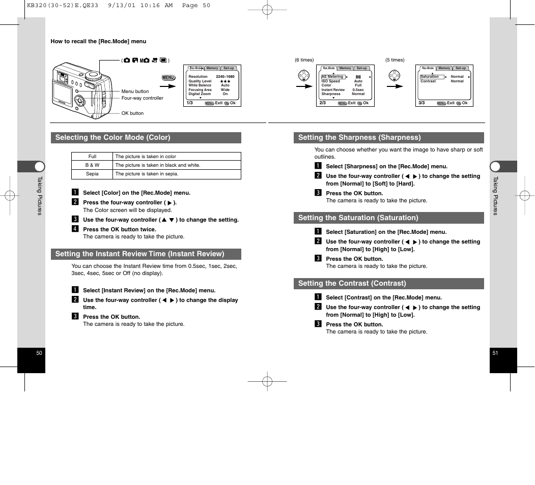 Selecting the color mode (color), Setting the instant review time (instant review), Setting the sharpness (sharpness) | Setting the saturation (saturation) z, Setting the contrast (contrast) z | Epson Optio 430 User Manual | Page 27 / 51