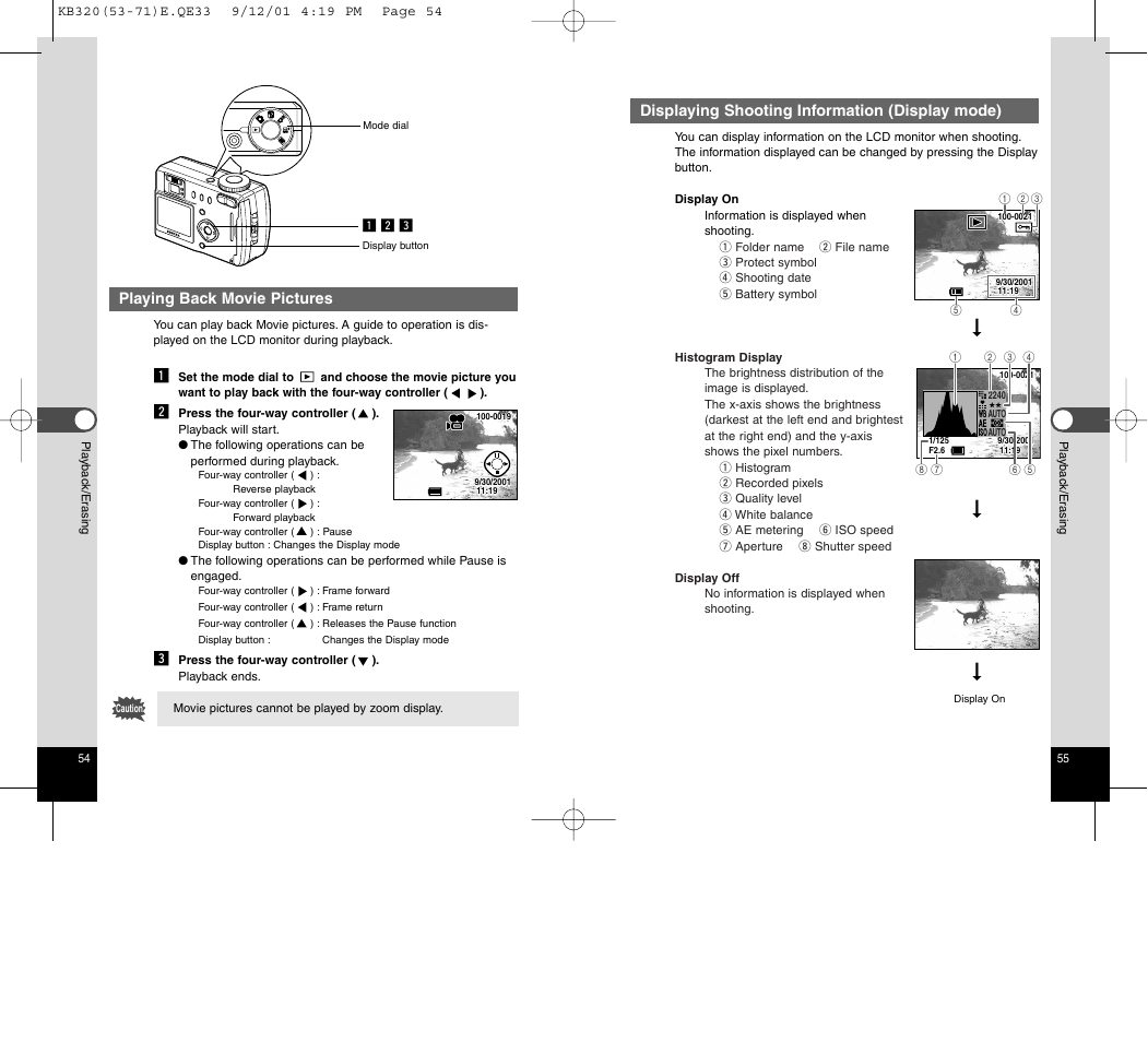 Displaying shooting information (display mode), Playing back movie pictures | Epson Optio 430 User Manual | Page 30 / 51