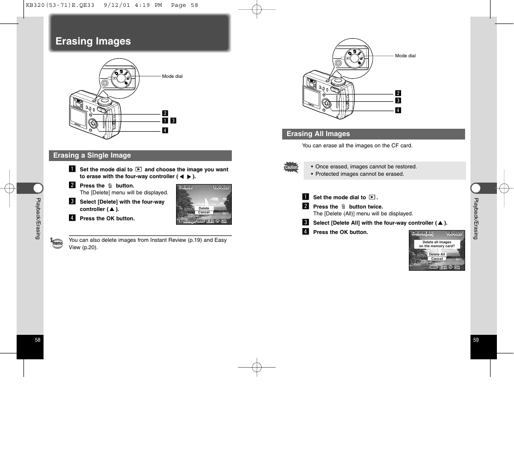 Erasing images, Erasing all images, Erasing a single image z | Epson Optio 430 User Manual | Page 32 / 51