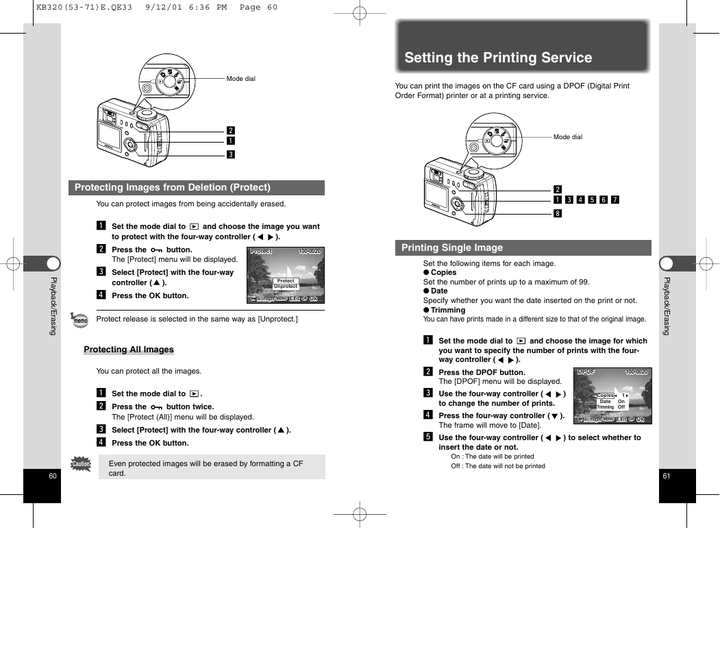 Setting the printing service, Printing single image, Protecting images from deletion (protect) | Epson Optio 430 User Manual | Page 33 / 51