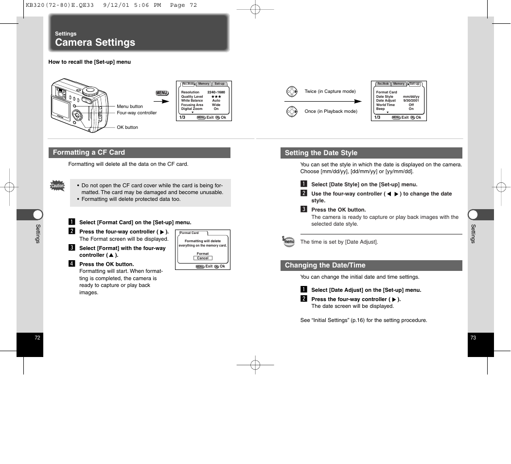 Camera settings, Setting the date style, Changing the date/time | Formatting a cf card | Epson Optio 430 User Manual | Page 39 / 51