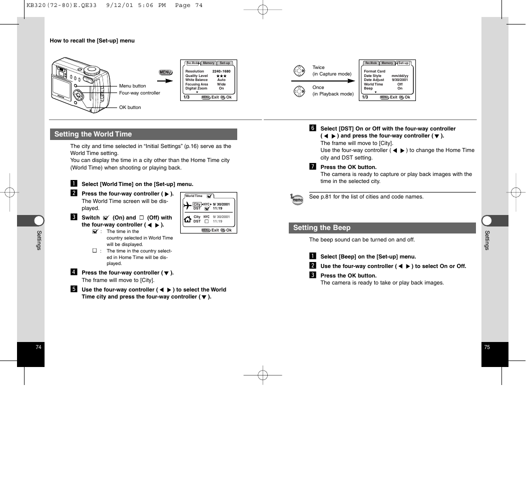 Setting the beep, Setting the world time | Epson Optio 430 User Manual | Page 40 / 51
