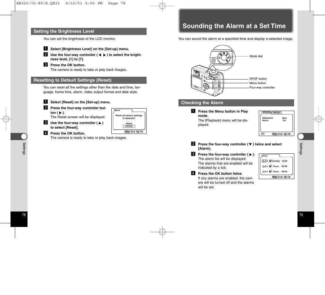 Sounding the alarm at a set time, Checking the alarm z, Setting the brightness level | Resetting to default settings (reset) | Epson Optio 430 User Manual | Page 42 / 51