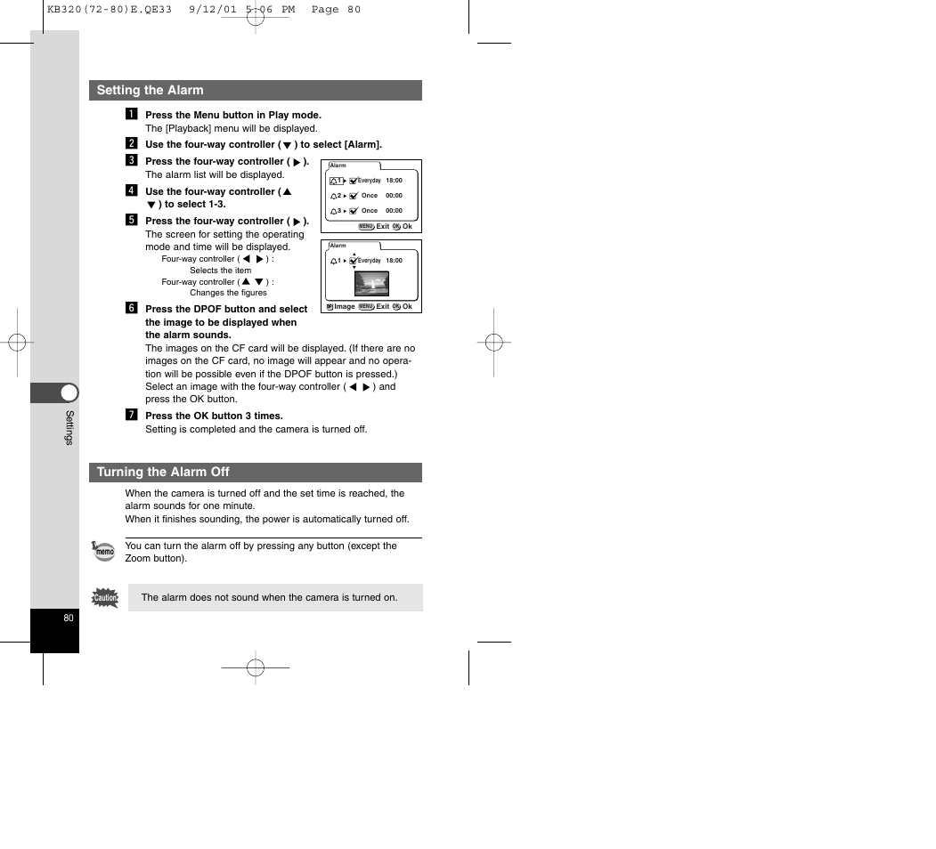 Setting the alarm z, Turning the alarm off | Epson Optio 430 User Manual | Page 43 / 51