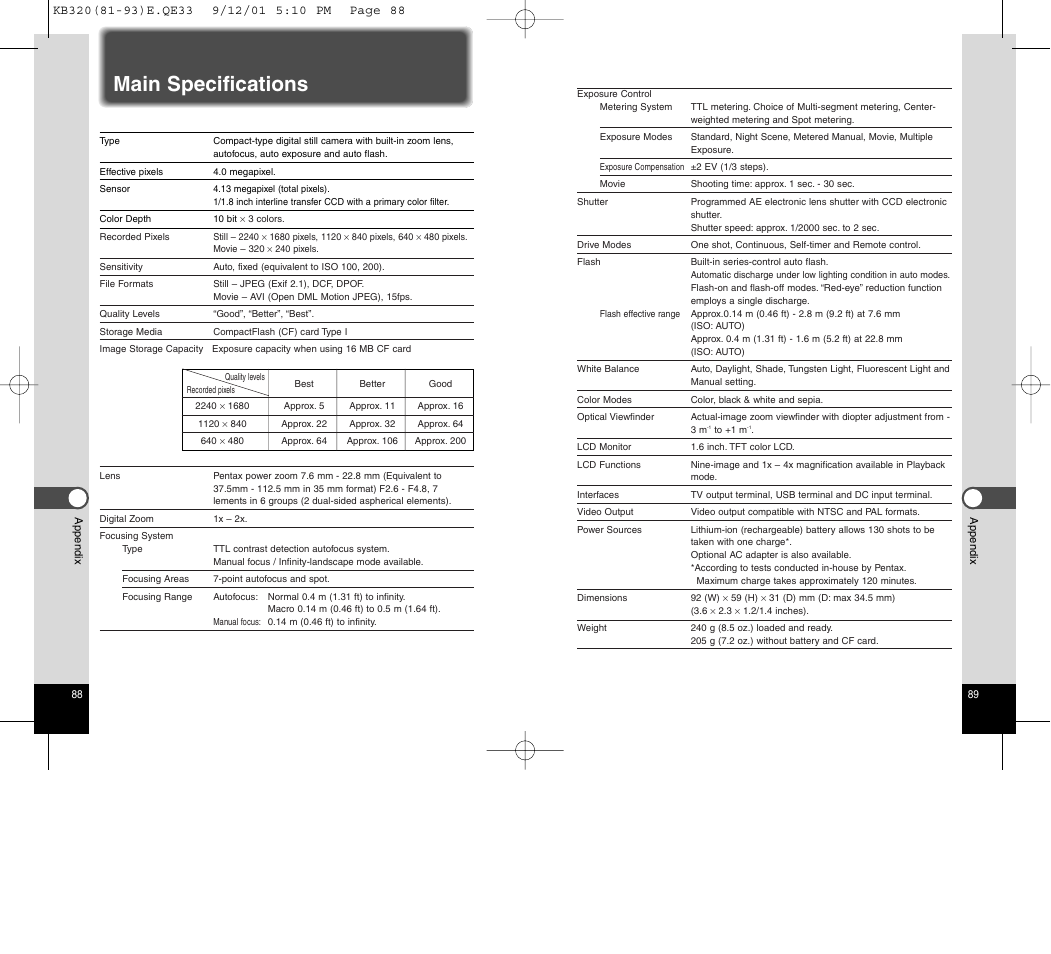 Main specifications | Epson Optio 430 User Manual | Page 48 / 51