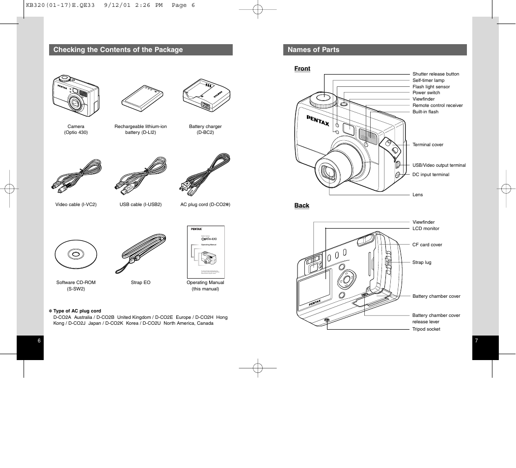 Names of parts, Checking the contents of the package | Epson Optio 430 User Manual | Page 5 / 51
