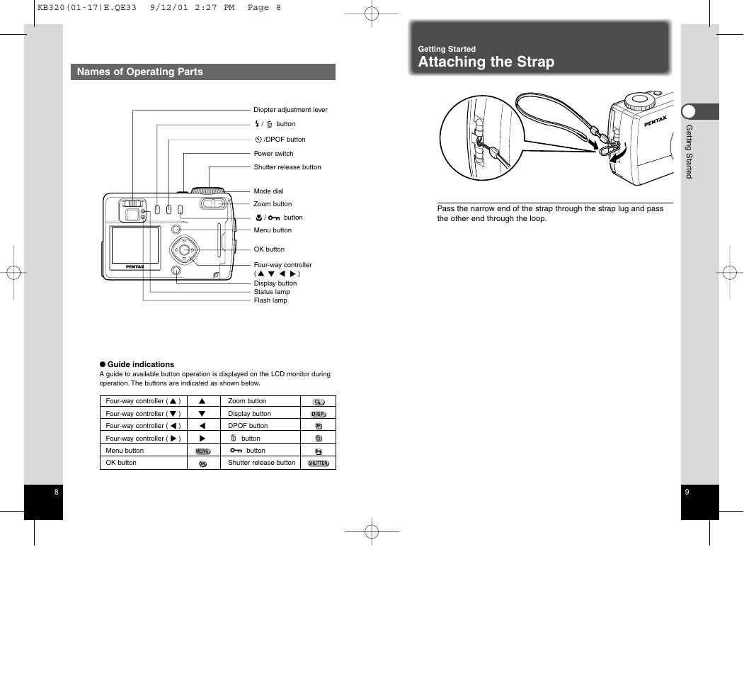 Attaching the strap, Names of operating parts | Epson Optio 430 User Manual | Page 6 / 51