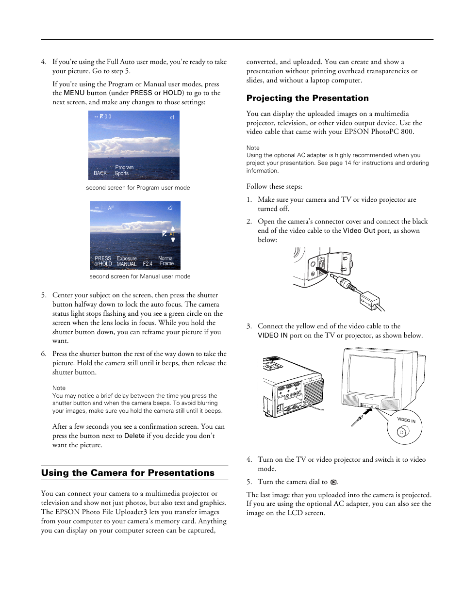 Using the camera for presentations, Projecting the presentation | Epson PC800 EN User Manual | Page 11 / 14