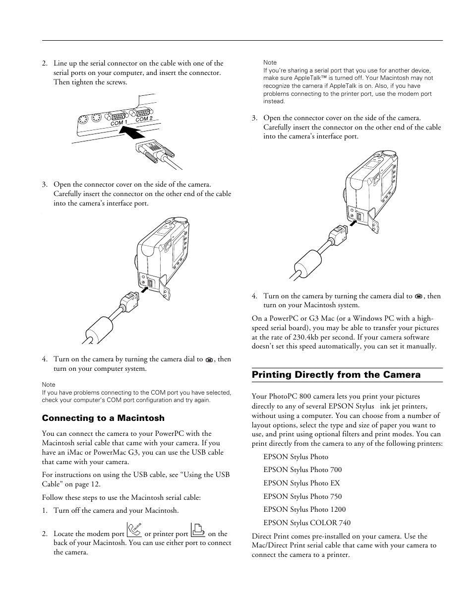 Connecting to a macintosh, Printing directly from the camera, Epson photopc 800 | Epson PC800 EN User Manual | Page 13 / 14