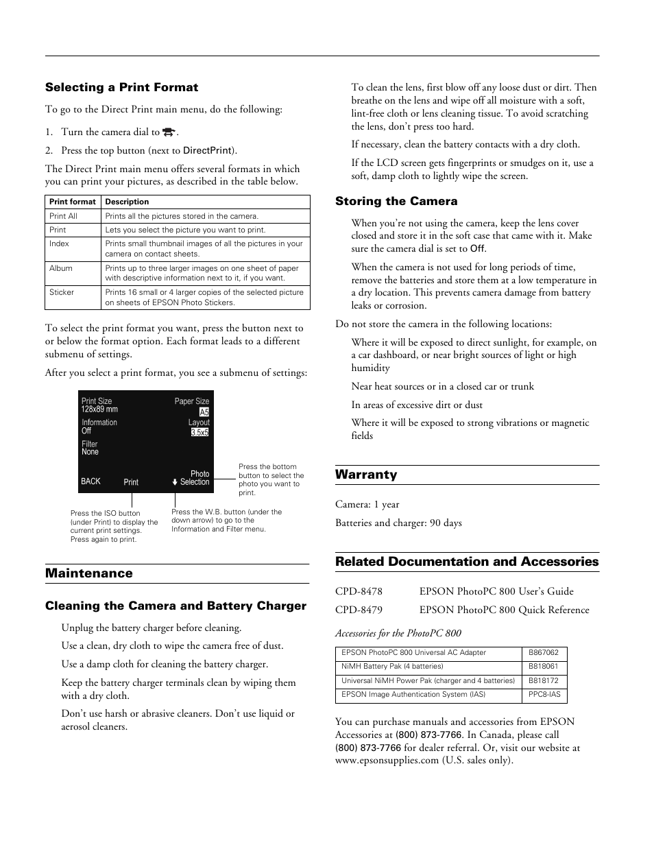 Selecting a print format, Maintenance, Cleaning the camera and battery charger | Storing the camera, Warranty, Related documentation and accessories, Epson photopc 800 | Epson PC800 EN User Manual | Page 14 / 14