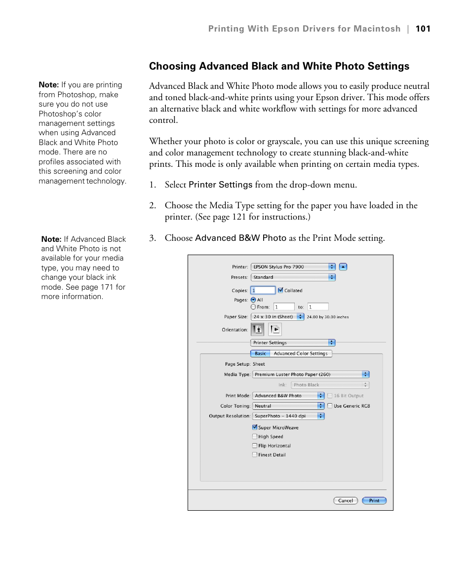 Choosing advanced black and white photo settings | Epson STYLUS 7900 User Manual | Page 101 / 238