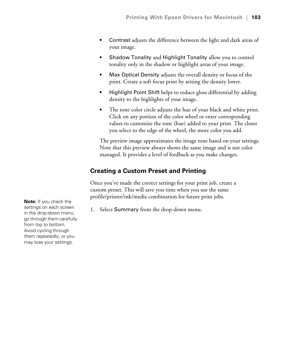 Creating a custom preset and printing | Epson STYLUS 7900 User Manual | Page 103 / 238