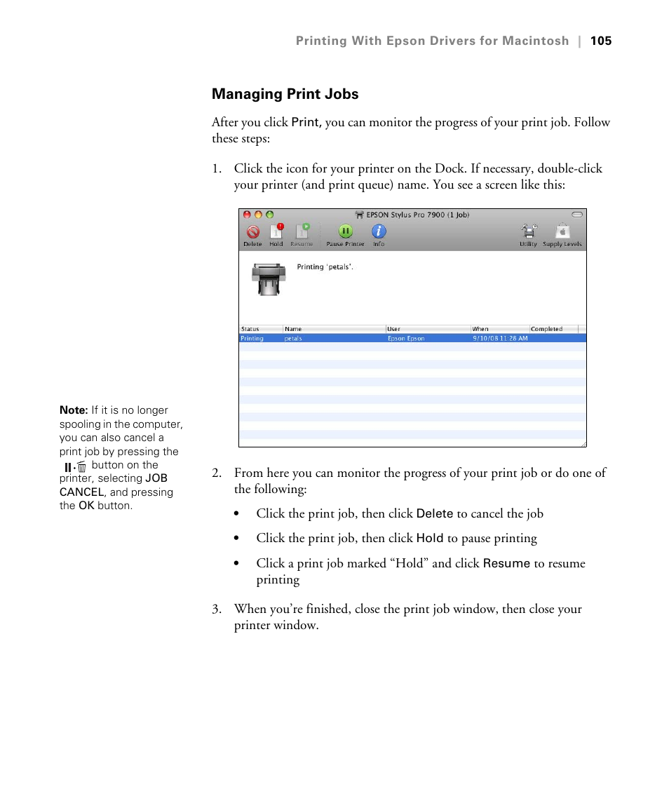 Managing print jobs | Epson STYLUS 7900 User Manual | Page 105 / 238