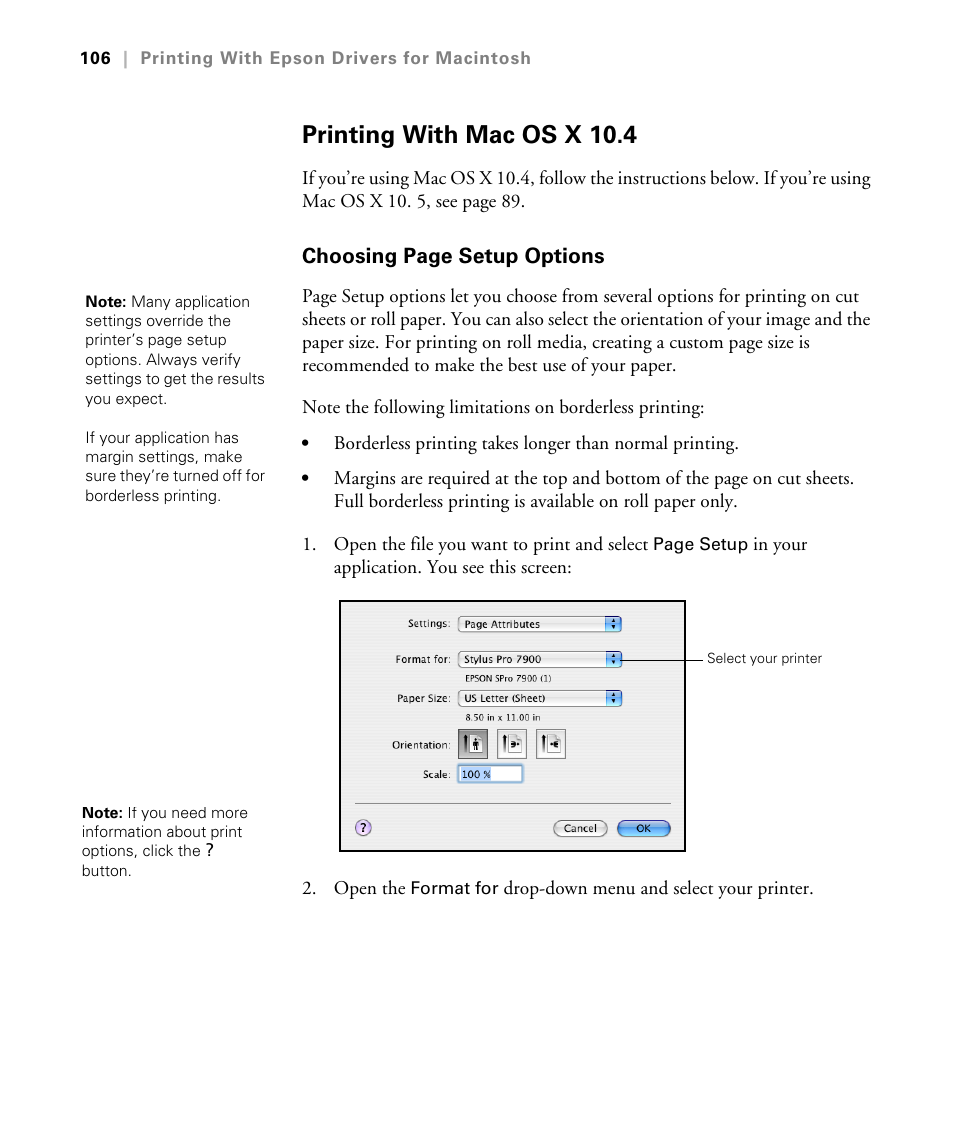 Printing with mac os x 10.4 | Epson STYLUS 7900 User Manual | Page 106 / 238