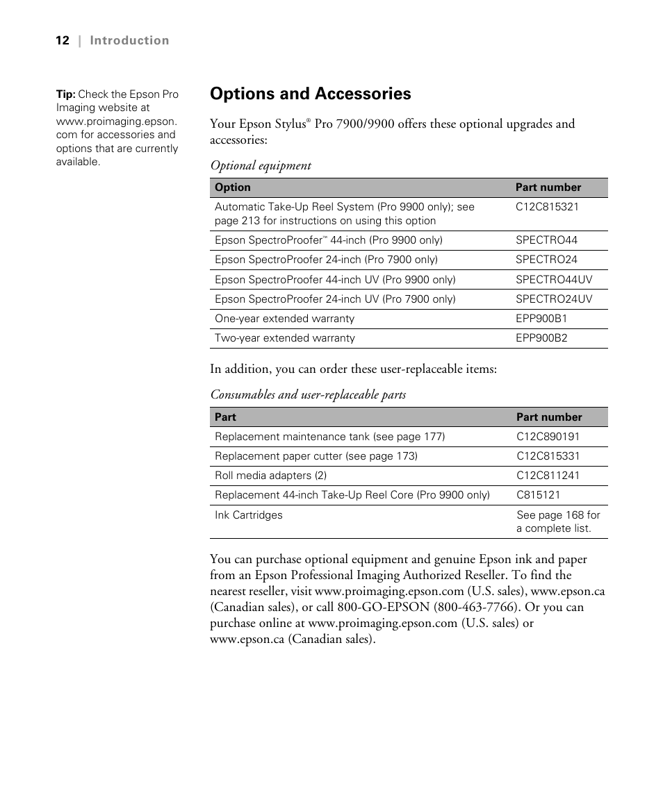 Options and accessories | Epson STYLUS 7900 User Manual | Page 12 / 238