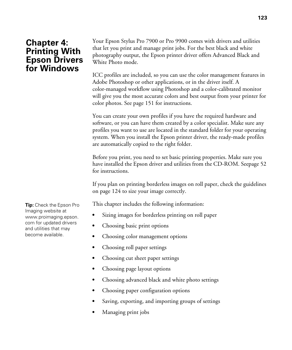 Chap 4-printing with epson drivers for windows, 4 printing with epson drivers for windows, Chapter 4: printing with epson drivers for windows | Epson STYLUS 7900 User Manual | Page 123 / 238